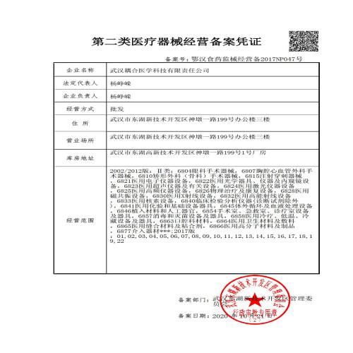 武漢耦合醫(yī)學-第二類醫(yī)療器械經(jīng)營備案憑證